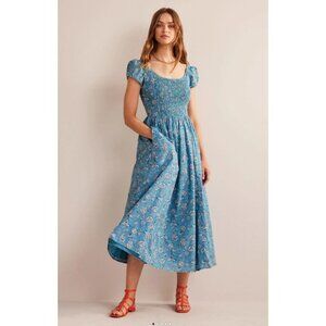 Boden Womens Scoop Neck Smocked Midi Dress Cap Sleeve Floral Blue Size 8